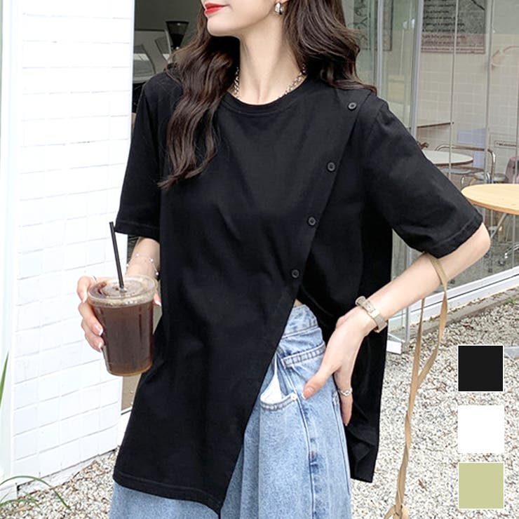Amulet アシンメトリースリットTシャツ レディース トップス チュニック 半袖 春 夏服 秋 韓国ファッション 10代 20代 30代 オフィスカジュアル 大きいサイズ 無地 トップス