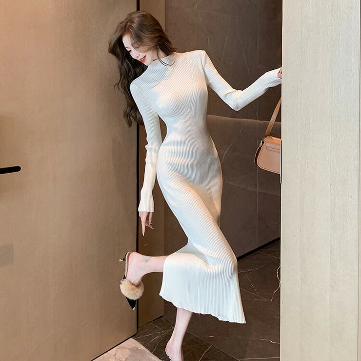 JS FASHION ニットワンピース 全4色 ボトルネック ハイネック リブニット 長袖 無地 シンプル 黒 黒ワンピ タイトワンピ ロング丈 膝下丈 きれいめ スリム 細見え 普段使い 普段着 おしゃれ 上品 大人 かわいい 秋 冬 秋ワンピ 冬ワン