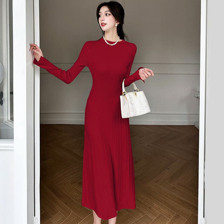 JS FASHION ニットワンピース ロング丈 全4色 袖ボタン プリーツ風 Aライン ハイネック 長袖 黒 赤 フレアワンピ ワンピース 膝下丈 ロングワンピース きれいめ スリム 細見え デイリー おしゃれ 上品 大人 かわいい デート 食事会 秋