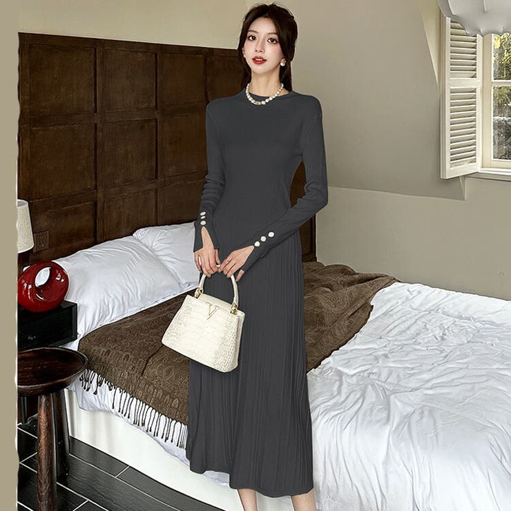 【10％OFFクーポン！10/27(火)9:59まで】JS FASHION ニットワンピース ロング丈 全4色 袖ボタン プリーツ風 Aライン ハイネック 長袖 黒 赤 フレアワンピ ワンピース 膝下丈 ロングワンピース きれいめ スリム 細見え デイリ shoplistselect-10450291 SHOPLIST サンプル画像2