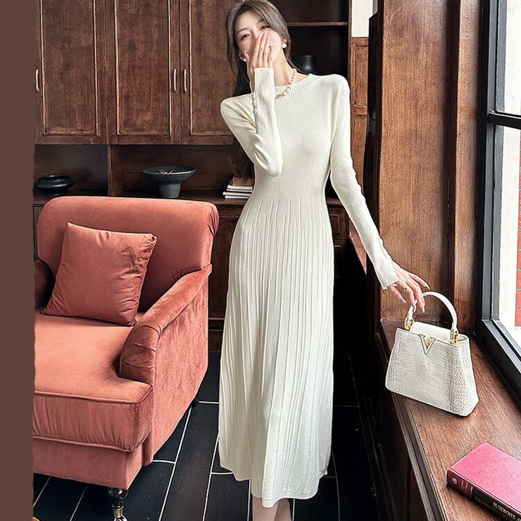 【10％OFFクーポン！10/27(火)9:59まで】JS FASHION ニットワンピース ロング丈 全4色 袖ボタン プリーツ風 Aライン ハイネック 長袖 黒 赤 フレアワンピ ワンピース 膝下丈 ロングワンピース きれいめ スリム 細見え デイリ shoplistselect-10450291 SHOPLIST サンプル画像3