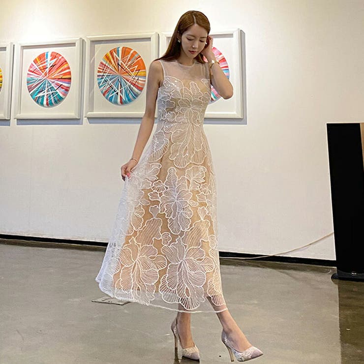 JS FASHION 花柄 ワンピース Aライン 刺? レース ワンピ シア- レイヤー ワンピ お呼ばれドレス ノースリーブ フレアワンピ ロング丈 きれいめ スリム 細見え 華やか おしゃれ 上品 エレガント 二次会 発表会 謝恩会 春 夏 秋 冬【