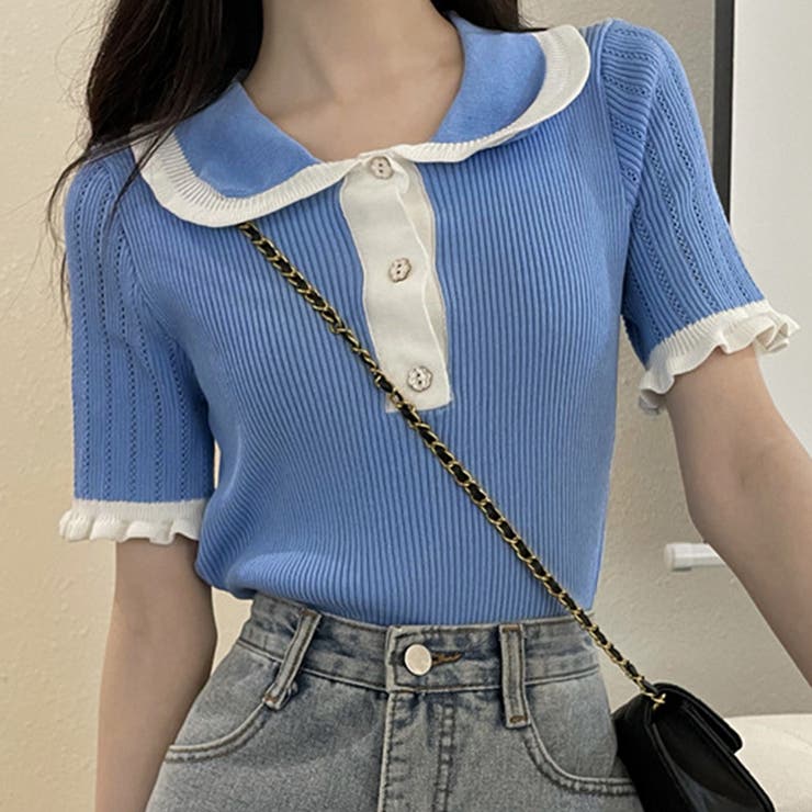 【10％OFFクーポン！9/24(木)1:59まで】Amulet 半袖バイカラーニット レディース トップス 春 夏服 韓国ファッション 10代 20代 30代 オフィスカジュアル フリル サマーニット スクール 可愛い 丸襟 リブ編み トップス shoplistselect-10074126 SHOPLIST サンプル画像2