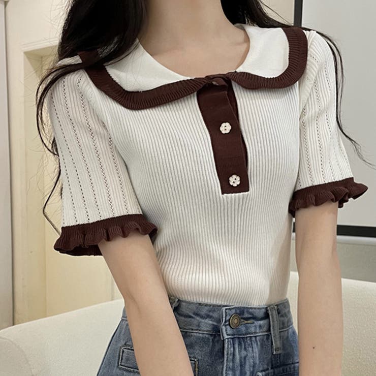 【10％OFFクーポン！9/24(木)1:59まで】Amulet 半袖バイカラーニット レディース トップス 春 夏服 韓国ファッション 10代 20代 30代 オフィスカジュアル フリル サマーニット スクール 可愛い 丸襟 リブ編み トップス shoplistselect-10074126 SHOPLIST サンプル画像3