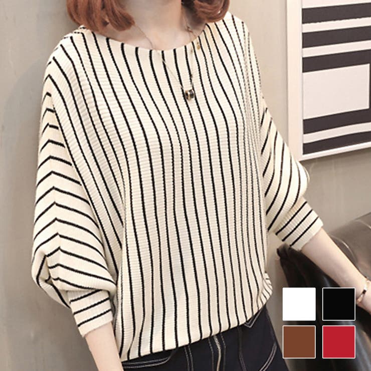 【10％OFFクーポン！11/27(木)1:59まで】Amulet ドルマンスリーブボーダーニット レディース 10代 20代 30代 韓国ファッション 春 秋 カジュアル 長袖 シンプル おしゃれ 白 黒 トップス