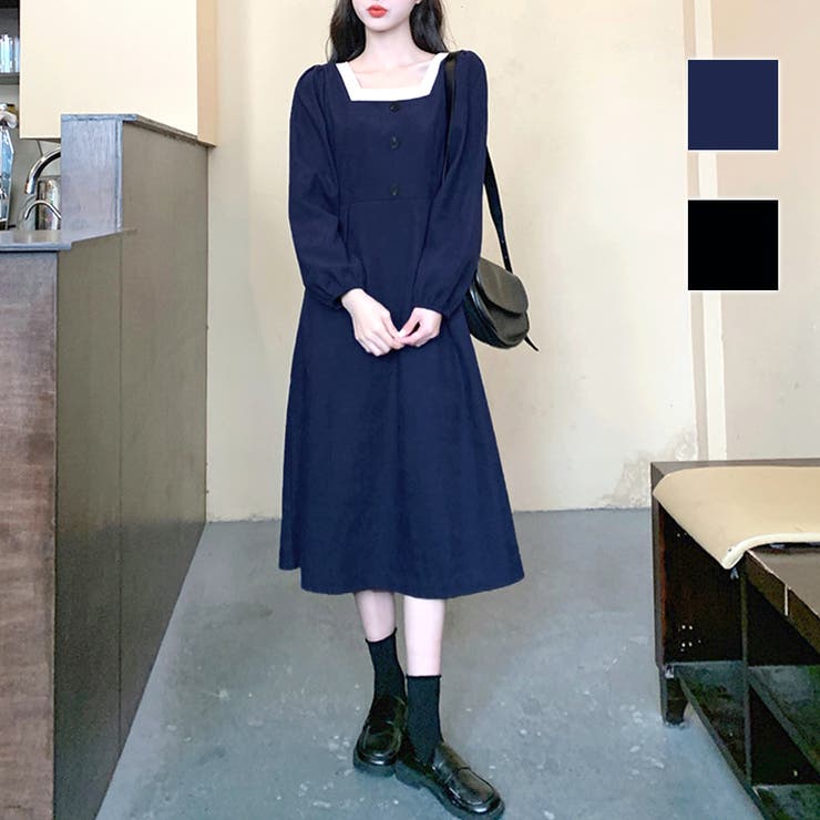Amulet スクエアネックワンピース 春 秋 冬 韓国ファッション 10代 20代 30代 レディース シンプル おしゃれ 可愛い 大人カジュアル レトロ デート ワンピース・ドレス