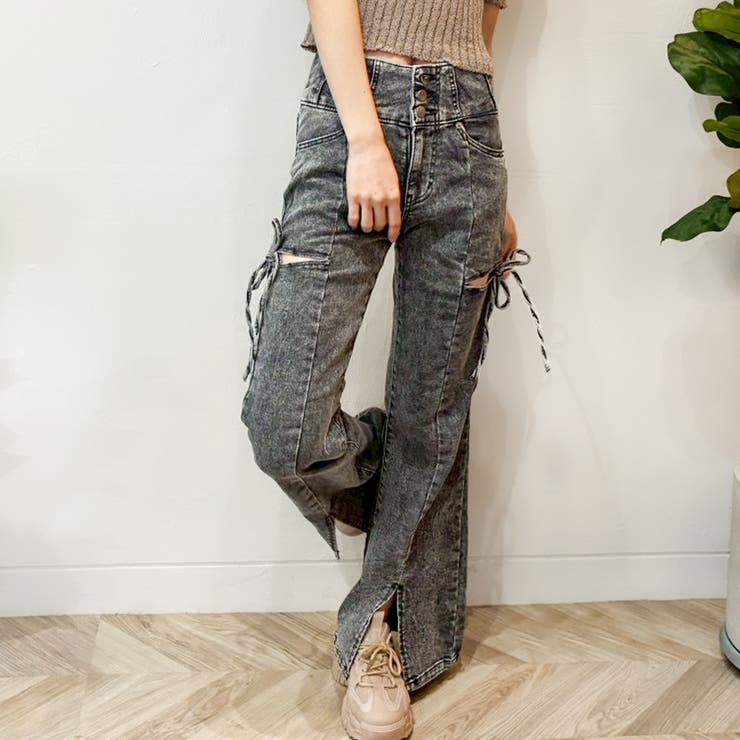 privatebeach サイドリボンカットアウトハイウェストスリットデニムフレアパンツ パンツ・ズボン