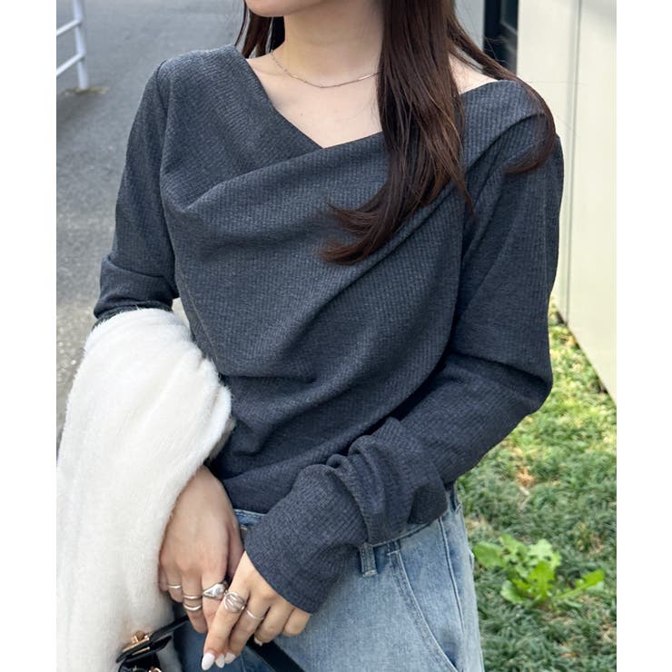 【10％OFFクーポン！1/16(金)1:59まで】RANAN ドレープオフショルリブロンT トップス