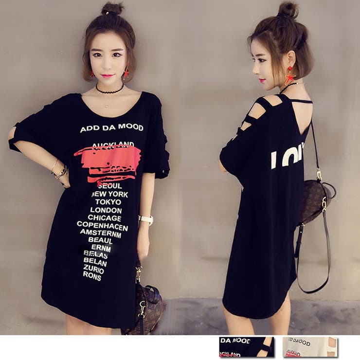 アクセサリーショップPIENA Tシャツ レディース 春夏 5分袖 チュニック ミニワンピース コットン 英字プリント トップス