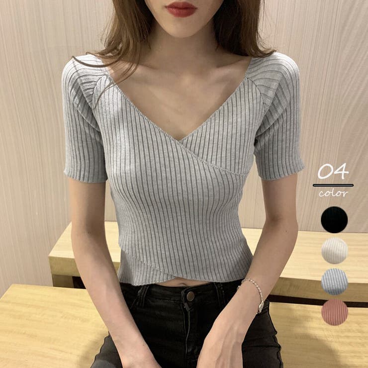 アクセサリーショップPIENA ニットトップス レディース 春 夏 秋 ポリエステル 綿 鎖骨見せ クロス カットソー ヘソ出し リブニット ショート丈 トップス