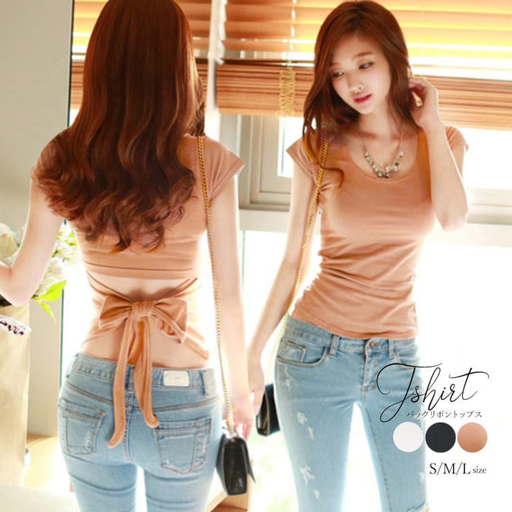 アクセサリーショップPIENA カットソー レディース 春夏 バックシャン 後ろリボン 背中見せ Tシャツ 綿 無地 トップス