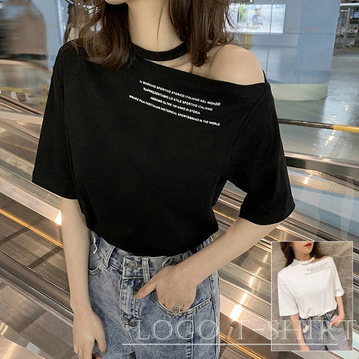 アクセサリーショップPIENA Tシャツ レディース 春夏 5分袖 肩あき ワンショルダー カットソー 綿 英字ロゴ トップス