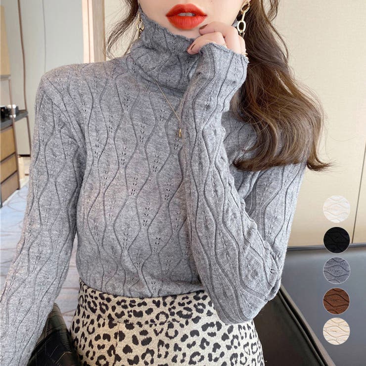 アクセサリーショップPIENA ニットトップス レディース 秋冬 長袖 ハイネック タイトめ ニットソー ポリエステル ジャガード編みと波模様 大人 黒 トップス