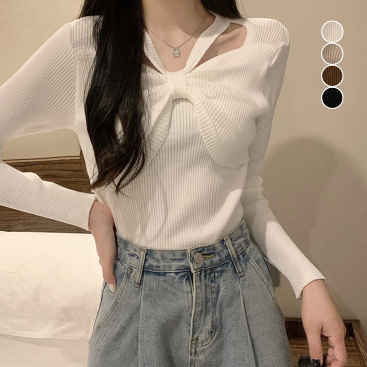 【10％OFFクーポン！3/26(木)1:59まで】アクセサリーショップPIENA ニットトップス レディース 秋冬 長袖 ホルターネック フロントリボン タイトめ ポリエステル リブ 大人可愛い 上品 黒 トップス