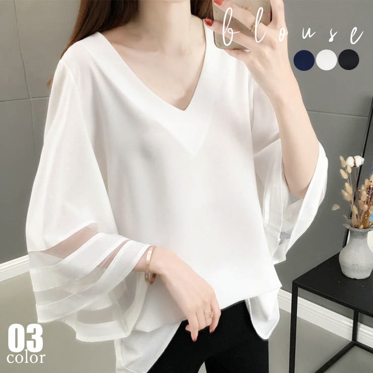 【10％OFFクーポン！3/26(木)1:59まで】アクセサリーショップPIENA シャツブラウス レディース 春夏 7分袖 Vネック フレア袖 長め丈 ポリエステル 異素材MIX シンプル 大人っぽい 楽ちん 白 トップス