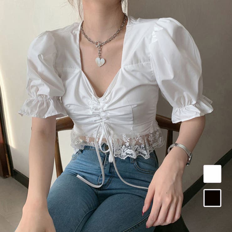 【10％OFFクーポン！3/26(木)1:59まで】アクセサリーショップPIENA ブラウス レディース 春夏 5分袖 ショート丈 Vネック ギャザー 裾フレア パフスリーブ ポリエステル 裾レース 大人上品 白 トップス