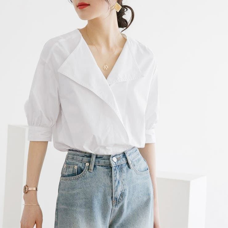 【10％OFFクーポン！3/26(木)1:59まで】アクセサリーショップPIENA シャツブラウス レディース 春夏 5分袖 Vネック 大きめ襟 プルオーバー 少しドロショル ポリエステル 無地 シンプル 女性らしい 白 トップス