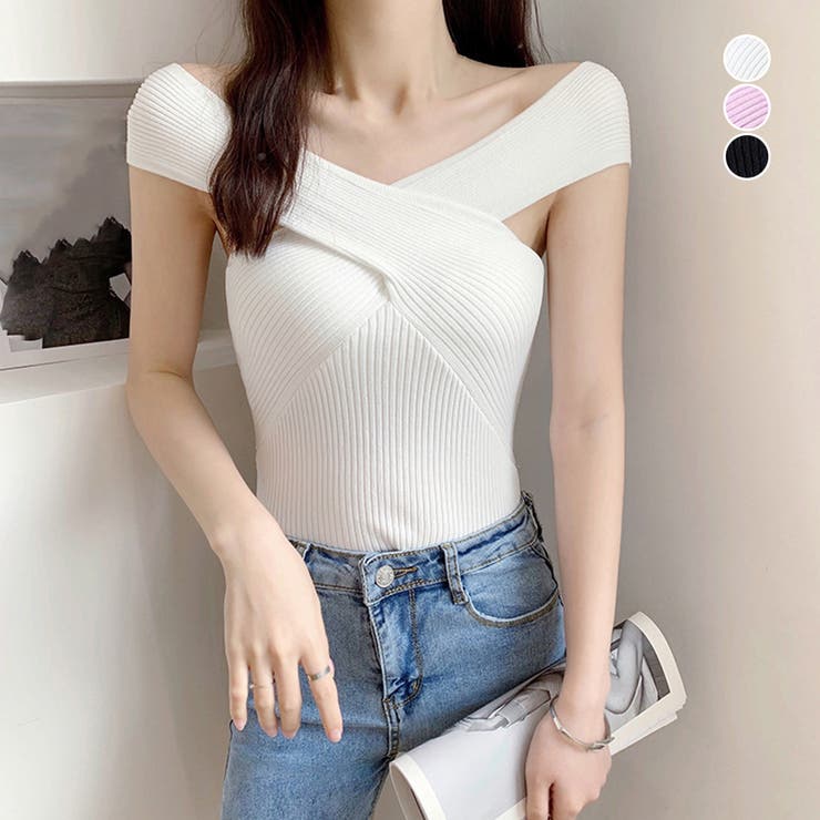 V-Neck - アクセサリーショップPIENA サマーニット レディース 春夏 半袖 袖なし クロスデザイン オフショルダー タイトめ Vネック ポリエステル リブ 2way セクシー 黒 トップス