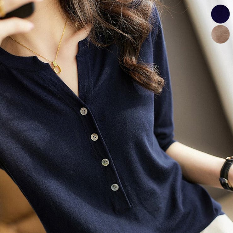 V-Neck - アクセサリーショップPIENA サマーニット レディース 春夏秋 5分袖 長め丈 vネック ハーフボタン ニットトップス レーヨン 無地 シンプル 大人女性 カジュアル モカ トップス