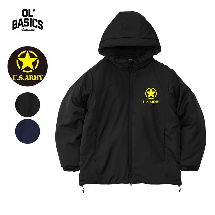 printrium Ol' Basics（オール・ベーシックス） フェイクダウンジャケット 中綿 フード付き U.S.ARMY ロゴプリント シームレス 中綿ジャケット パデッドジャケット アウター アメカジ ミリタリー メンズ レディース ユニセックス