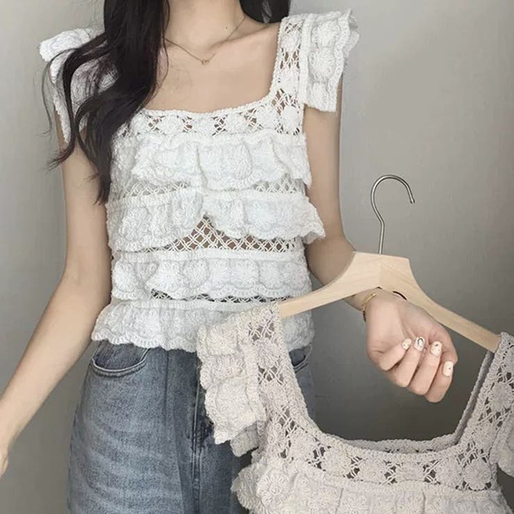 アクセサリーショップPIENA タンクトップ レディース 春夏秋 袖なし スクエアネック フリル プルオーバ..