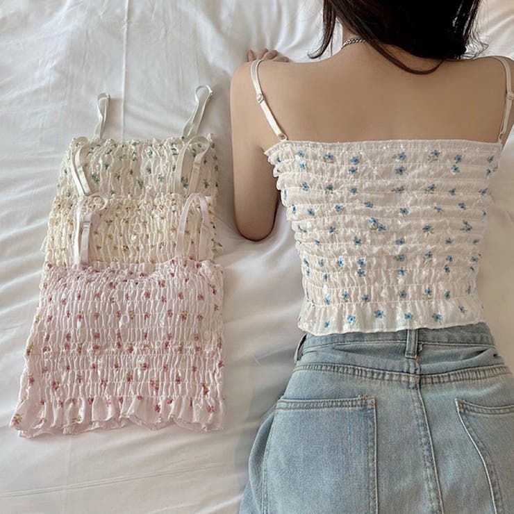 アクセサリーショップPIENA キャミソール レディース 春夏秋 ショート丈 シャーリング 細ストラップ カ..