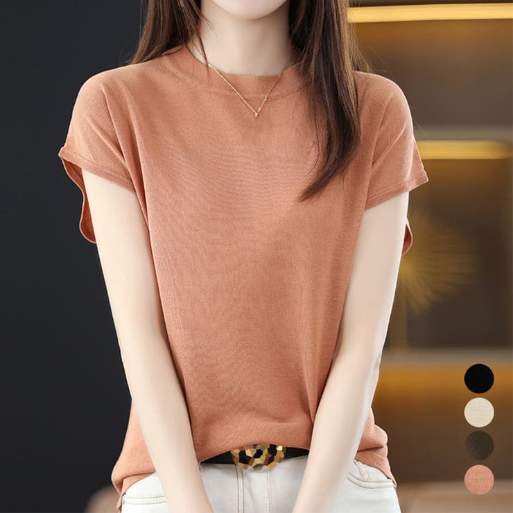 アクセサリーショップPIENA サマーニット レディース 春夏秋 半袖 プチハイネック 長め丈 フレンチスリーブ ニットトップス レーヨン ..