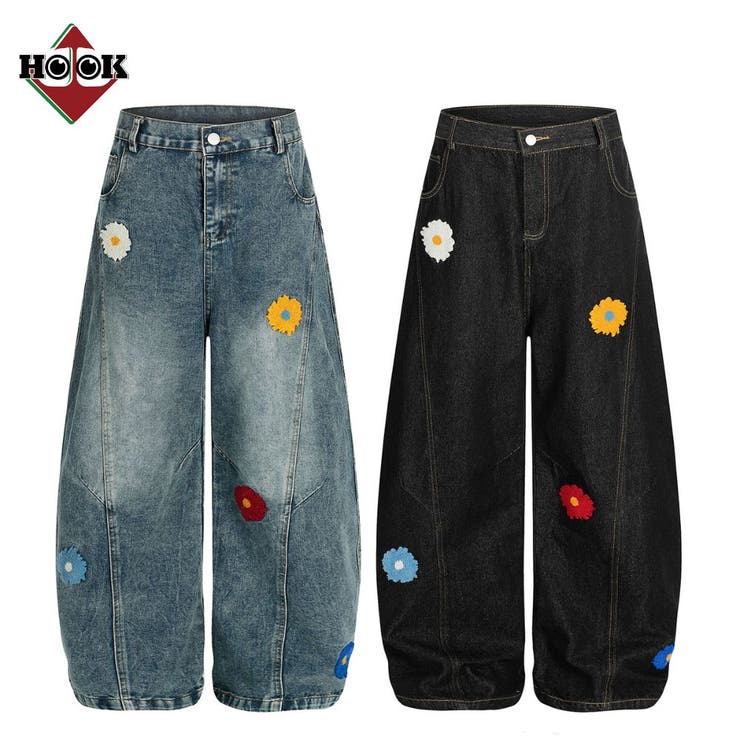【10％OFFクーポン！3/26(木)1:59まで】HOOK コクーン フラワーモチーフ デニムパンツ パンツ・ズボン