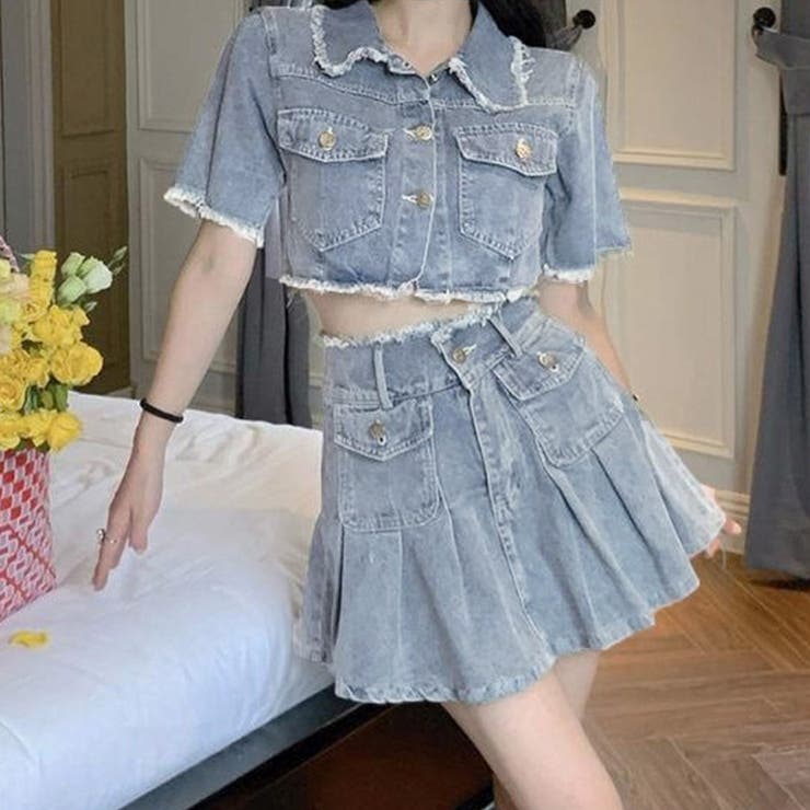 アクセサリーショップPIENA デニムセットアップ レディース 春夏 半袖 ショート丈ブルゾン 前ボタン gジャン ミニ丈スカート 台形 ダメージ加工 ポケット 綿 レトロ 青 スカート