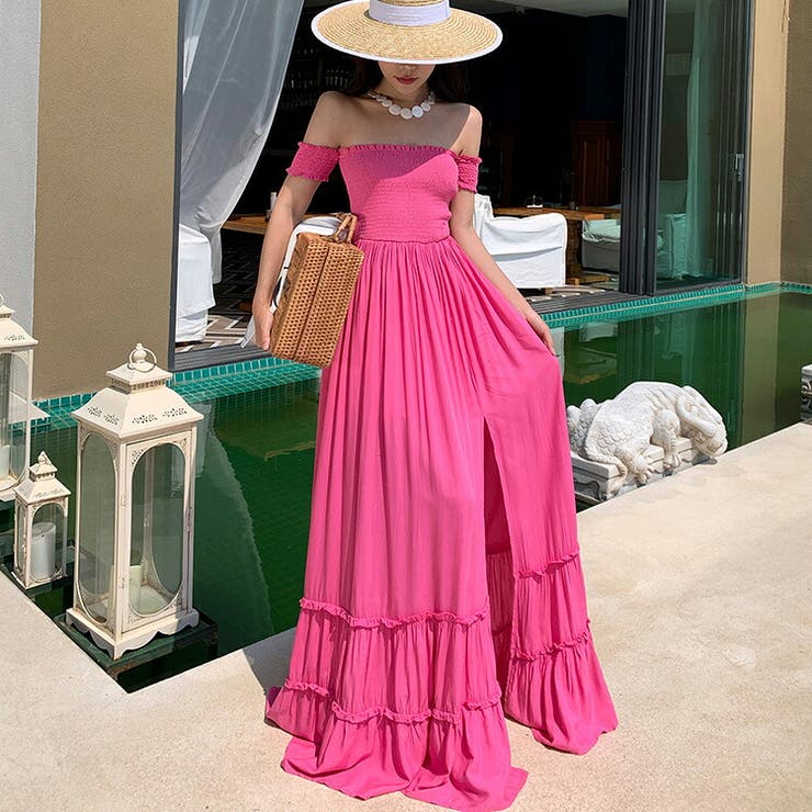 JS FASHION マキシワンピース ベアワンピース プチフリル スリット ロング丈 きれいめ 大人 ワンピース・ドレス