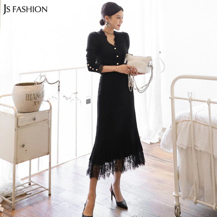 JS FASHION セットアップ ニット カーディガン ロングスカート 2点セット ミモレ丈 リブニット レース ボタン 裾レース 黒 トップス 長袖 スカート ロング丈 きれいめ スリム フリー 細見え デイリー おしゃれ 可愛い 上品 大人カジュア