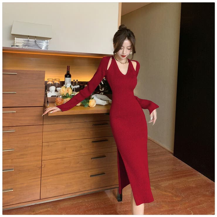 JS FASHION ニットワンピース 全3色 Vネック オープンショルダー スリット入り ロングワンピ ロング丈 タイト ワンピース リブニット ニット 長袖 無地 黒 タイトワンピ きれいめ スリム 細見え デイリー おしゃれ セクシー 上品 秋 冬