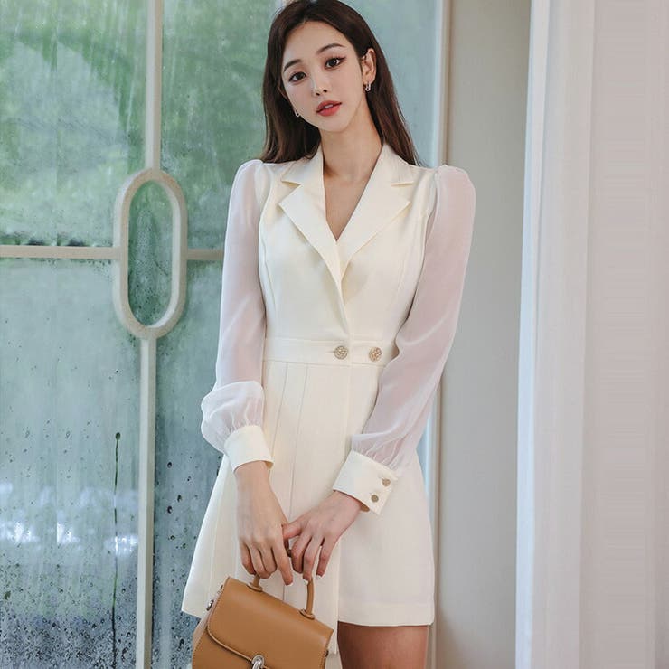 【10％OFFクーポン！3/26(木)1:59まで】JS FASHION ワンピース 全2色 アシンメトリー シフォン袖 シースルー 襟付き プリーツ風 長袖 パーティードレス 黒 白 ミニワンピ ミニ丈 きれいめ ブラックワンピ セクシー 上品 エレガ
