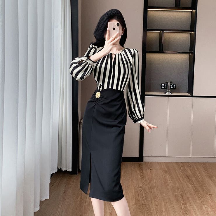 【10％OFFクーポン！3/26(木)1:59まで】JS FASHION パーティードレス ブラウス風 ドッキング ワンピース お呼ばれドレス モノクロ ストライプ バイカラー 長袖 ブラックドレス 黒 膝丈 ひざ丈 ミディアム丈 おしゃれ かっこいい