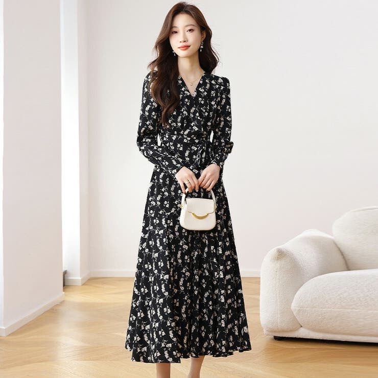 JS FASHION 花柄ワンピース 長袖 ウエストリボン Aライン 黒 ロングワンピ 大人可愛い ロング丈 ミモレ丈 Vネック ガーリー きれいめ 二次会 食事会 フェミニン オフィス 体型カバー 大きい リゾート 夏ワンピ 春 夏 秋【ypy831