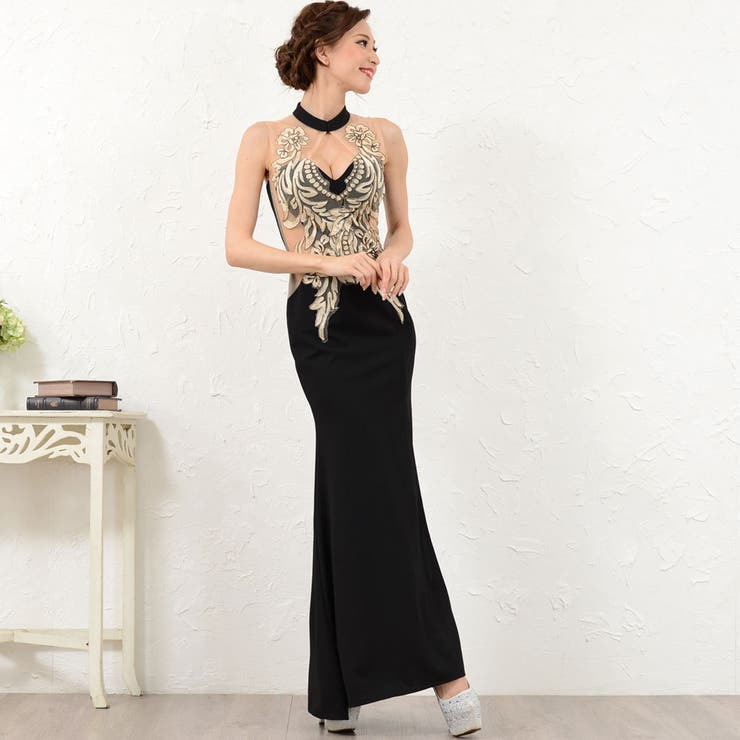 アクセサリーショップPIENA 豪華刺繍セクシースリットフリルロングドレス パーティードレス キャバドレス レディース タイト 脚見せ ノースリーブ ワンピース・ドレス