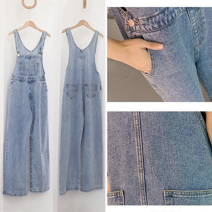 アクセサリーショップPIENA サロペット レディース 春夏秋冬 ロールアップ ポケット デニムパンツ オーバーオール 綿 シンプル 青 パンツ・ズボン