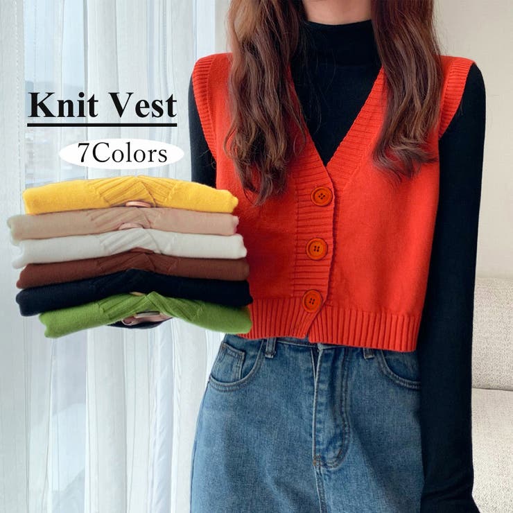 アクセサリーショップPIENA ニットベスト レディース 春秋冬 前開き Vネック 大きめボタン 袖なし ショート丈 ポリエステル 無地 白 アウター(コート・ジャケットなど)