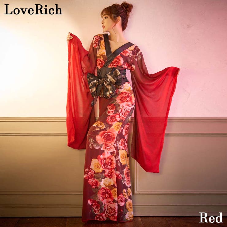 アクセサリーショップPIENA ドレス レディース 春夏秋冬 ロング丈 深めVネック 大きめリボン 帯付き 着物風 花柄 セクシー 女性らしい 華やか 大人 赤 ワンピース・ドレス