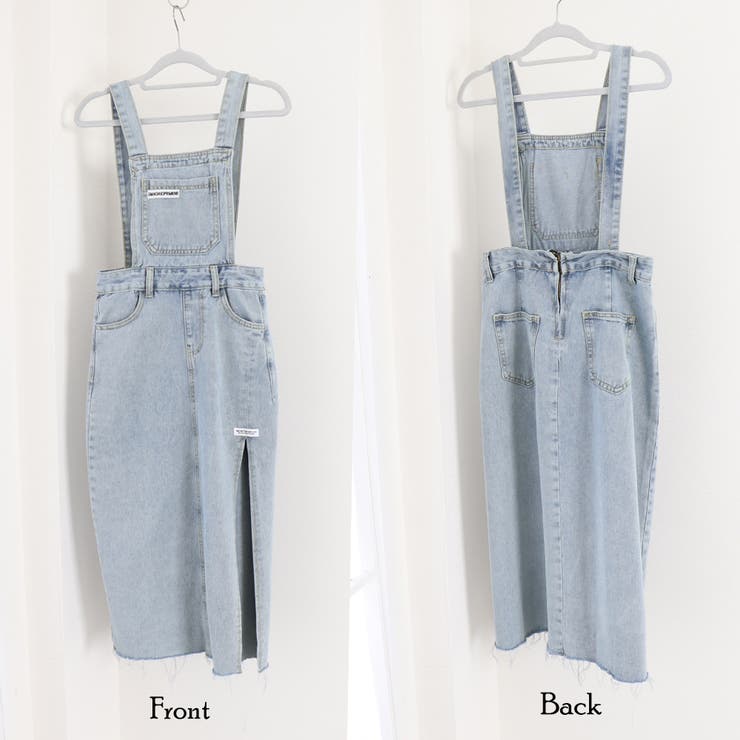 アクセサリーショップPIENA デニムサロペットスカート レディース 春夏秋冬 ロング丈 サイド深めスリット ポケット タイトめ 綿 英字 個性的 大人 青 パンツ・ズボン