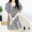 アクセサリーショップPIENA シャツワンピース レディース 春夏 5分袖 ミニ丈 セーラーカラー Vネック 前ボタン フレア ポリエステル チェック柄 黒 ワンピース・ドレス