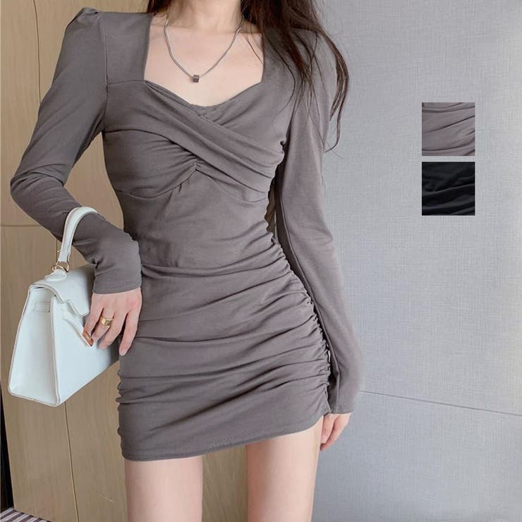 【10％OFFクーポン！1/16(金)1:59まで】アクセサリーショップPIENA ワンピース レディース 春秋冬 長袖 ミニ丈 ハートネック 胸元クロス シャーリング タイト ポリエステル セクシー 大人 黒 ワンピース・ドレス