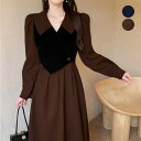 アクセサリーショップPIENA ワンピース レディース 春秋 ロング丈 長袖 Vネック 大きい襟 ドッキング Aライン フレア ボタン ポリエステル 個性的 配色切替 茶色 ワンピース・ドレス