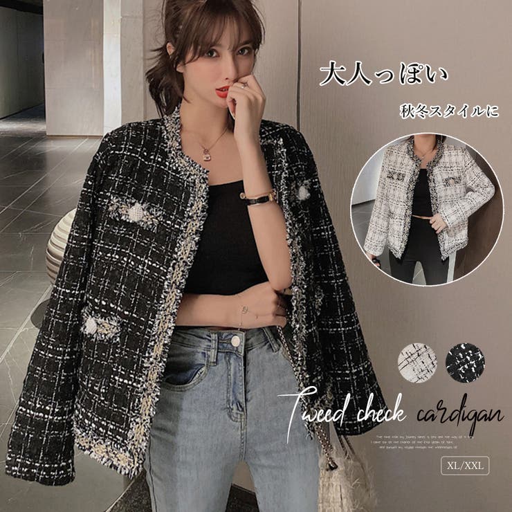 【10％OFFクーポン！2/23(月)1:59まで】アクセサリーショップPIENA ジャケット レディース 秋冬 短め 襟なし ラメ糸ステッチ ポリエステル ツイード風 チェック柄 黒 アウター(コート・ジャケットなど)