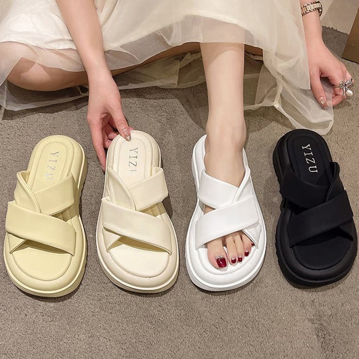 アクセサリーショップPIENA サンダル レディース 春夏 厚底 クロスストラップ 太めストラップ ボリュームソール 合皮 安定感あり シンプル カジュアル 大人 白 シューズ・靴