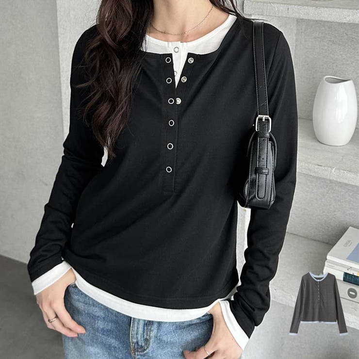 GeeRA レイヤード風ヘンリーネックカットソー トップス