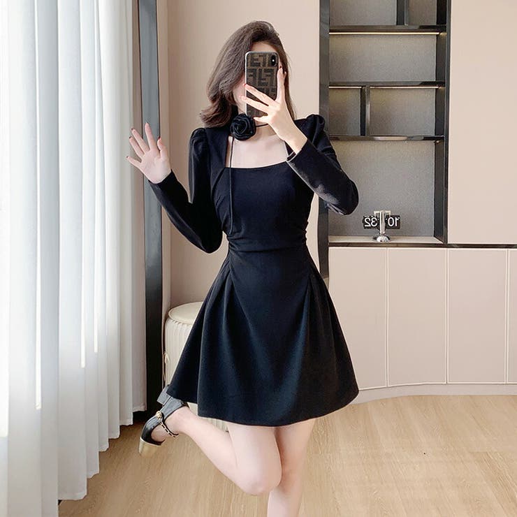 【10％OFFクーポン！3/26(木)1:59まで】JS FASHION パーティードレス バラ首飾り 付き タイト ワンピース フィット ＆ フレア お呼ばれドレス 長袖 ブラックドレス 黒 ミニ丈 きれいめ おしゃれ 上品 二次会 成人式 演奏会 同