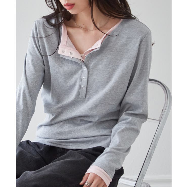 RANAN レイヤードヘンリーネックリブTシャツ トップス