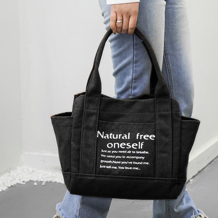 アクセサリーショップPIENA トートバッグ レディース 春夏秋冬 ハンドバッグ ポケットあり 磁石ボタン キャンバス 帆布 英字ロゴ 黒 バッグ・鞄