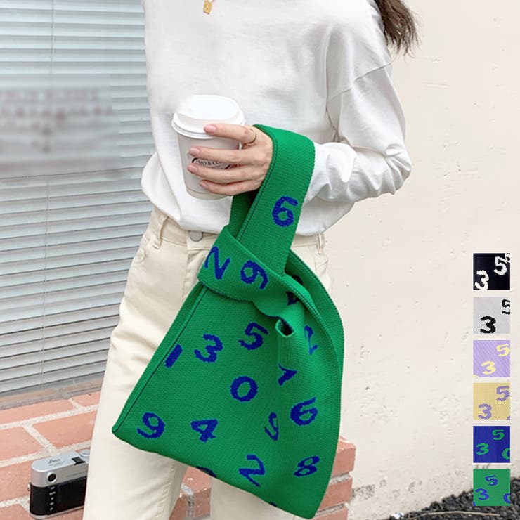 【10％OFFクーポン！1/29(木)1:59まで】アクセサリーショップPIENA トートバッグ レディース 春秋冬 小さめ ニットバッグ 手提げバッグ ポリエステル 数字ロゴ 個性的 折り畳める 大人 黒 バッグ・鞄